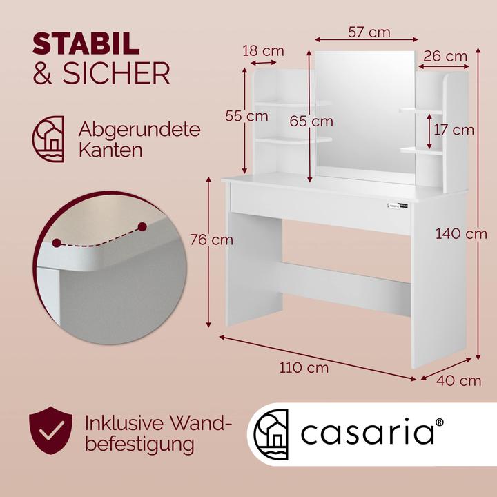 Image du produit Casaria Schminktisch mit Hocker (110 x 40 x 140 cm)