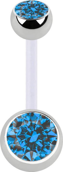 Star Piercing Banane transparent mit zwei Kugeln silber Kristall hellblau (Chirurgenstahl 316L, ohne Messing, Bioflex)
