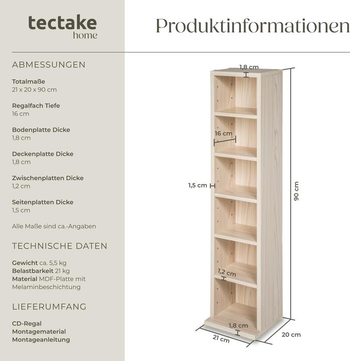 Produktbild tectake CD Standregal (21 x 20 x 90 cm)