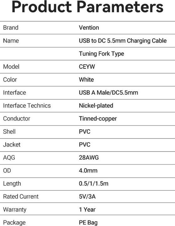 Nutritional values and ingredients Vention USB A – DC 5.5mm (1.50 m)