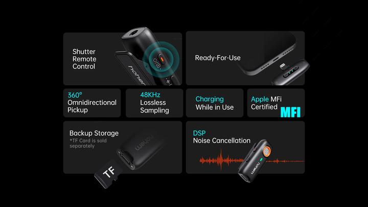 Actual product image Hohem MIC 01 Wireless Lavalier Microphone, TYPE C (2TX+1RX) Black (Smartphone)