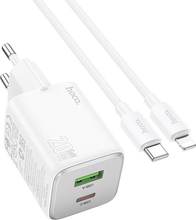 Hoco Adapter charger USB A + Type C + cable Type C to Lightning PD QC 3A 20W N41 white (20 W)