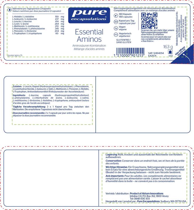 Nutritional values and ingredients Pure encapsulations Essential Aminos Kapsel (neu) (180 Piece, Capsules, 211 g)