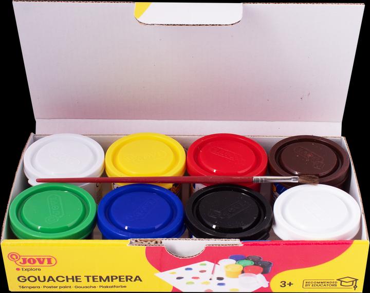 Produktbild Jovi Plakatfarbe Tempera Schuleset VE=7 Farben a 35ml + Pinsel (Gelb, Braun, Weiss, Schwarz, Rot, Blau, Grün, 245 ml)
