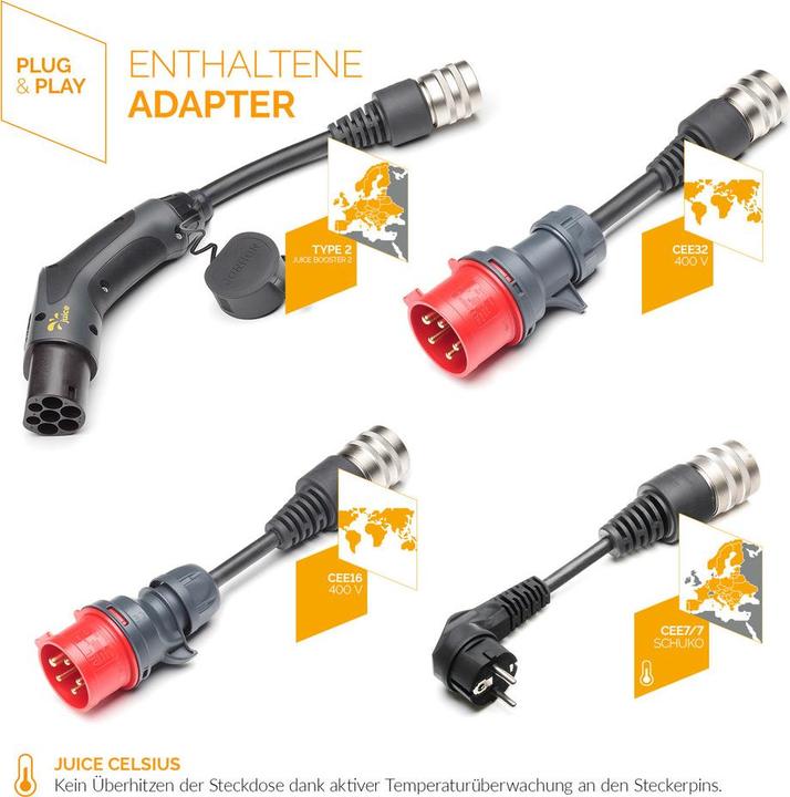 Produktbild Juice Technology Juice Booster 2 EU Traveller Set Plus (Typ 2, 22 kW, 32 A, Typ 2, CEE16 rot, CEE32 rot, CEE 7/7)