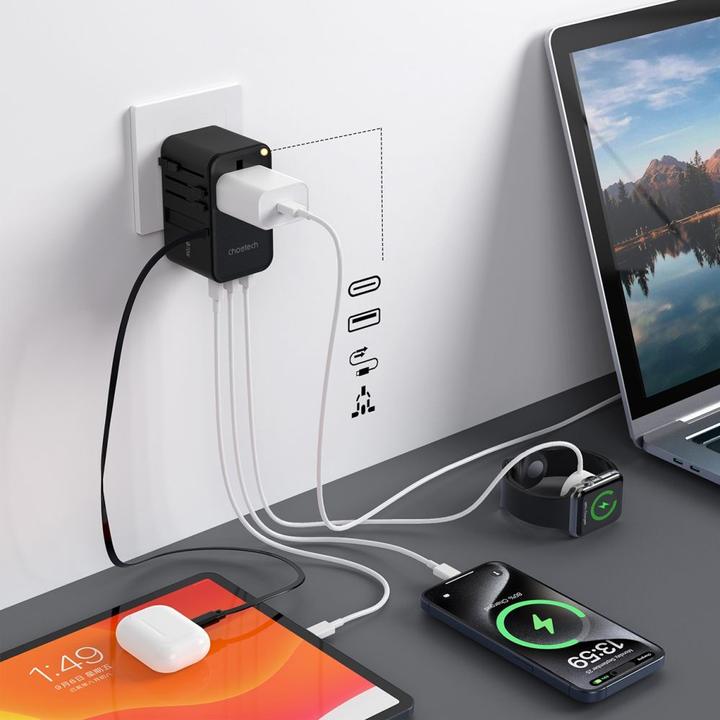 Actual product image Choetech PD5021 45W EU/US/AUS/UK Travel Adapter with Built-in USB-C Cable - Black
