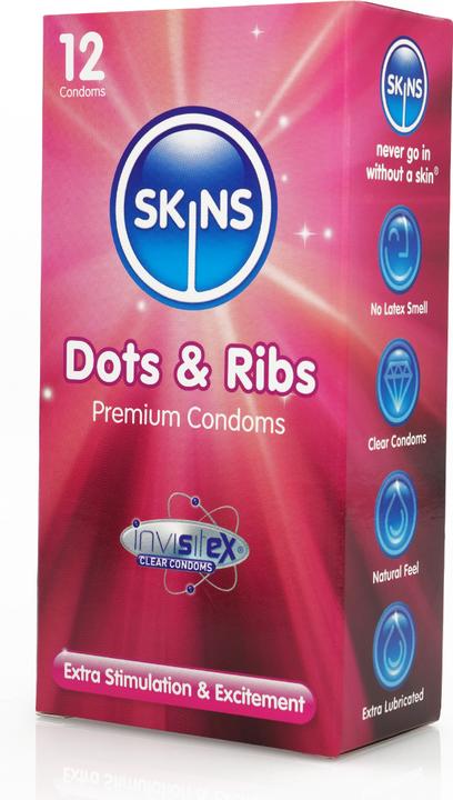 Produktbild Skins Dots & Ribs» 12 gerippt/genoppte Kondome aus kristallklarem Latex - ohne Latexgeruch (12 Stk.)