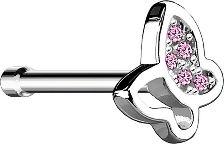 Star Piercing Nasenstecker gerade silber mit Schmetterling und Kristall pink (Chirurgenstahl 316L, Messing)