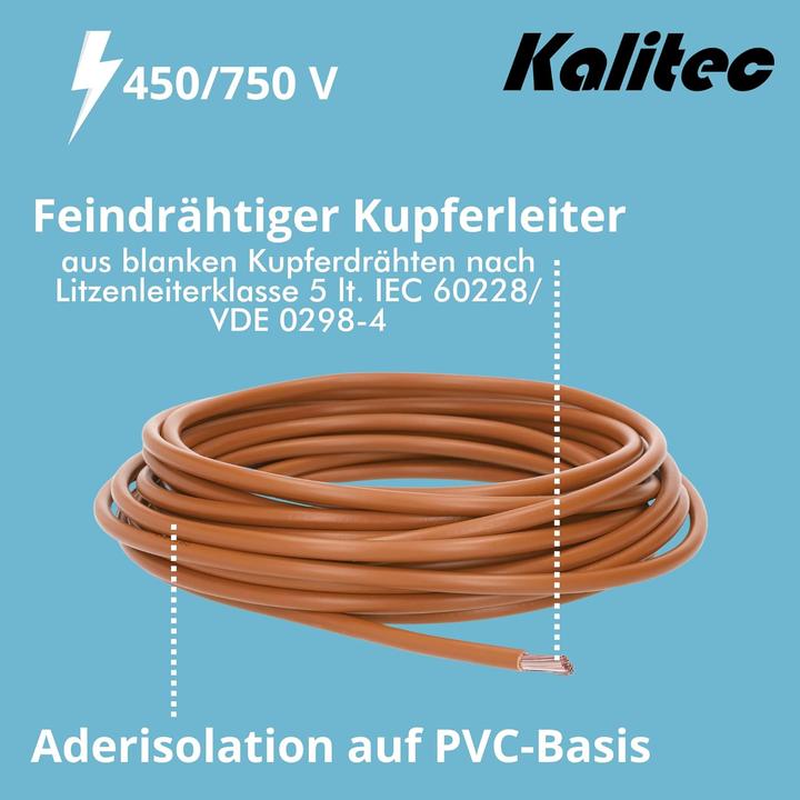 Produktbild Kalitec 10 Meter H07V-K 2,5 mm² braun Verdrahtungsleitung I Aderleitung flexibel I PVC Einzelader I (10 m)