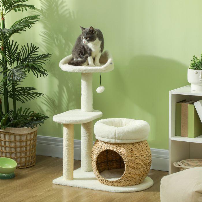 Produktbild Swisshandel24 Kratzbaum 79 cm Katzenbaum mit Katzenhöhle, für Katzen bis 5 kg, Cremeweiss (79 cm, Cremeweiss)