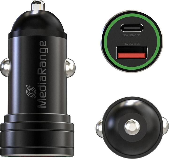 Actual product image MediaRange Car charger 1xUSB-A and 1xUSB-C black aluminium housing