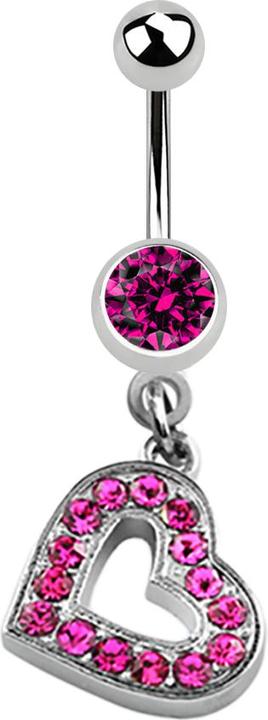 Star Piercing Banane silber mit Anhänger Herz und Kristall fuchsia (Chirurgenstahl 316L, ohne Messing)