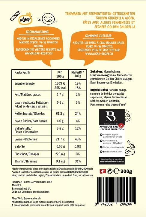 Valeurs nutritives et ingrédients Alver Pâtes protéinées vegan - Fusilli (300 g)