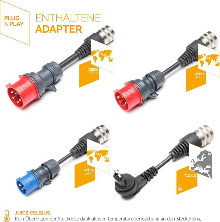 Actual product image Juice Technology Juice Booster 2 Swiss Traveller Set (Type 2, 22 kW, 32 A, CEE16 blue, CEE16 red, Type 13, CEE32 red)