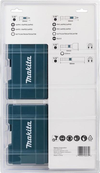 Productafbeelding Makita Slagbitset 25/50 mm, 90 stuks. (Phillips kruis PH M2, Phillips kruis PH M3, Kruis Pozidriv PZ M2, Kruis Pozidriv PZ M3, Zeskantbus TX M20, Zeskantbus TX M30)