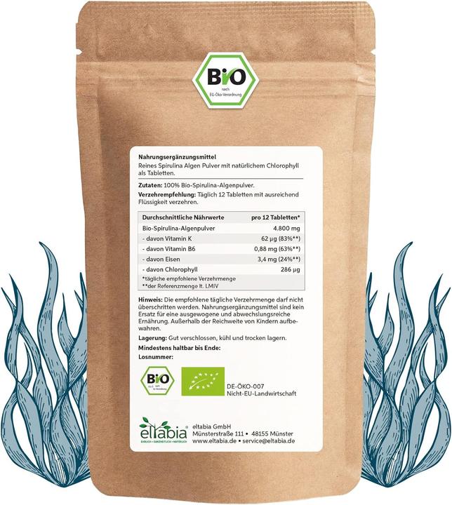 Immagine prodotto Eltabia Compresse di spirulina organica | Qualità premium di cibo crudo (500 Pezzo/i, Pillole)