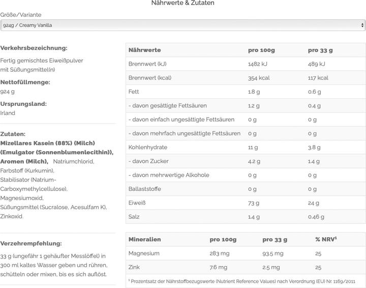 Nährwerte und Zutaten Optimum Nutrition Gold Standard 100% Casein (Vanille, 1 Stk., 920 g)