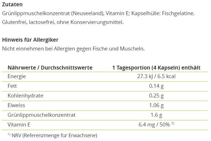 Nährwerte und Zutaten Alpinamed Grünlippmuschel (120 Stück, Kapseln, 100 g)