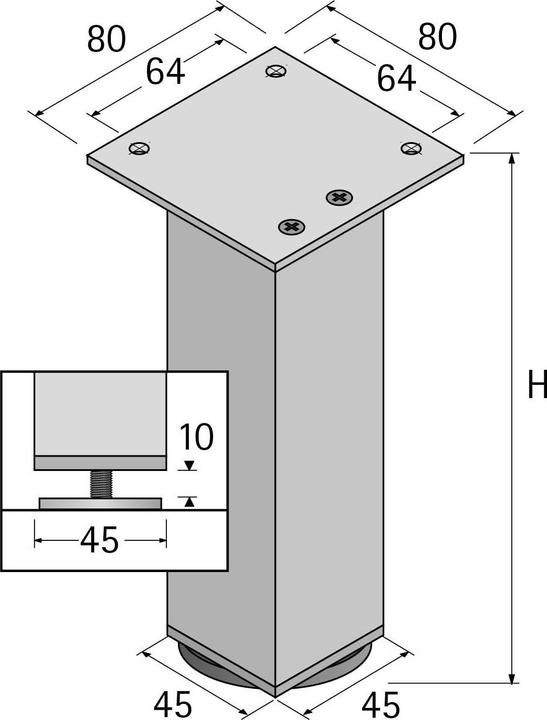 Produktbild Hettich Möbelfuss Lano SQ 46x46 mm alu eloxiert Höhe 200 mm +15 mm Bodenausgleich