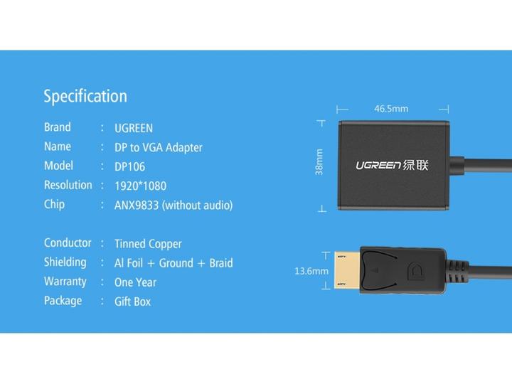 Actual product image Ugreen Display Port to VGA Adapter Converter (VGA)