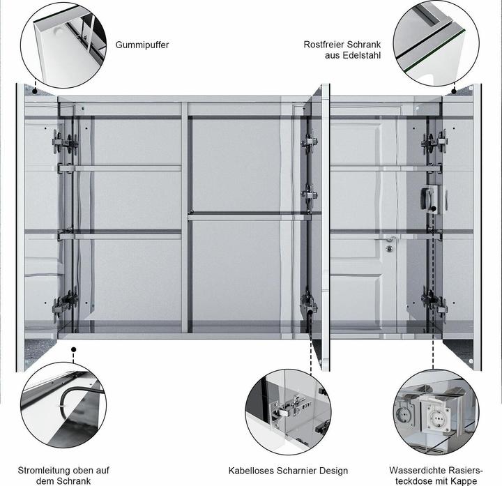 Produktbild SONNI Spiegelschrank mit Licht, 105 x 65 cm, Edelstahl, mit Steckdosen und Touchschaltern, kabellose