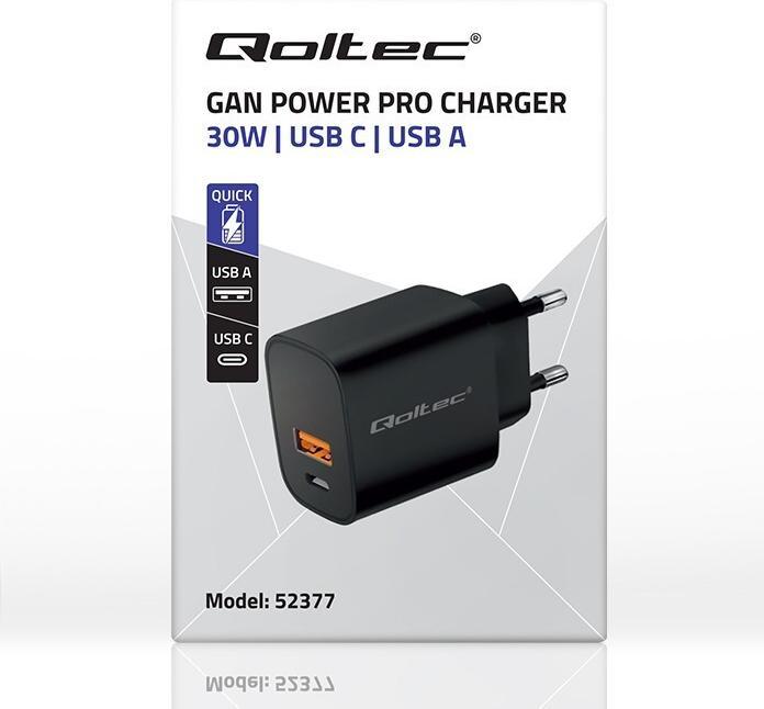 Actual product image Qoltec Ładowarka GaN POWER PRO | 1xUSB-C | 1xUSB | 30W | 5-20V | 1.5-3A | Czarna (30 W)