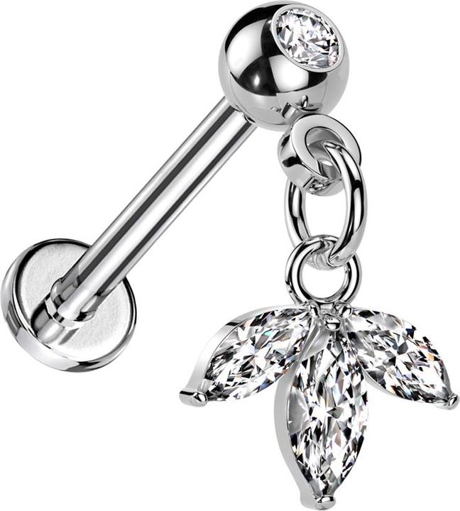 Hollywood Body Jewelry Micro Threadless Labret silber mit Kugel mit Kristall silber Anhänger Blatt drei Ovale Kristalle sil (Chirurgenstahl 316L, Messing)