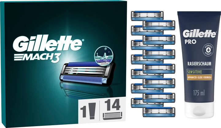Gillette Mach3 Ersatzklingen für Herrenrasierer, 14 Ersatzrasierklingen + PRO Sensitive Ras (14 x)