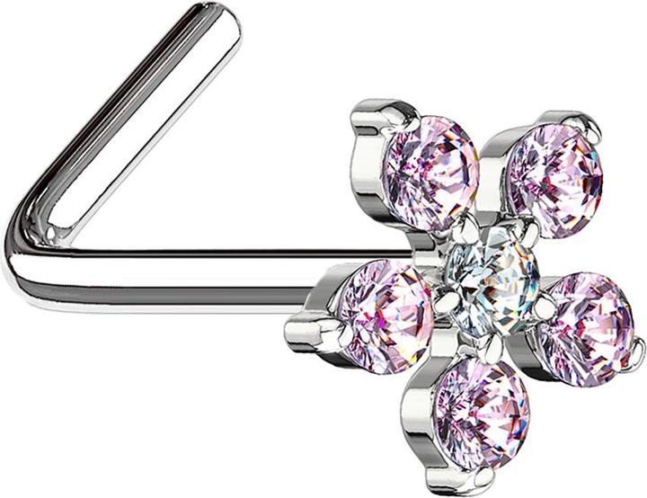 Star Piercing Nasenstecker gewinkelt silber Blume Kristall pink (Messing, Chirurgenstahl 316L)