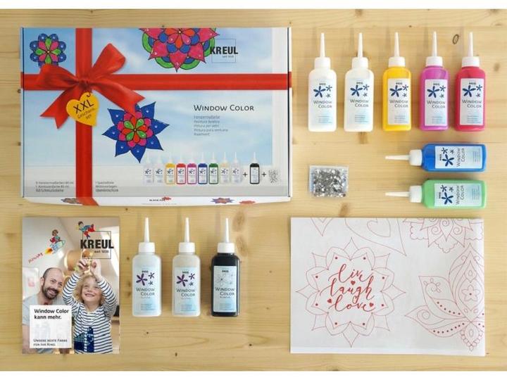 Actual product image Kreul Window Color XXL (Glitter Silver, Fawn, Royal blue, Pink, Ruby Red, Golden yellow, Snow-white, Glitter gold, Mairün, Black, 800 ml)