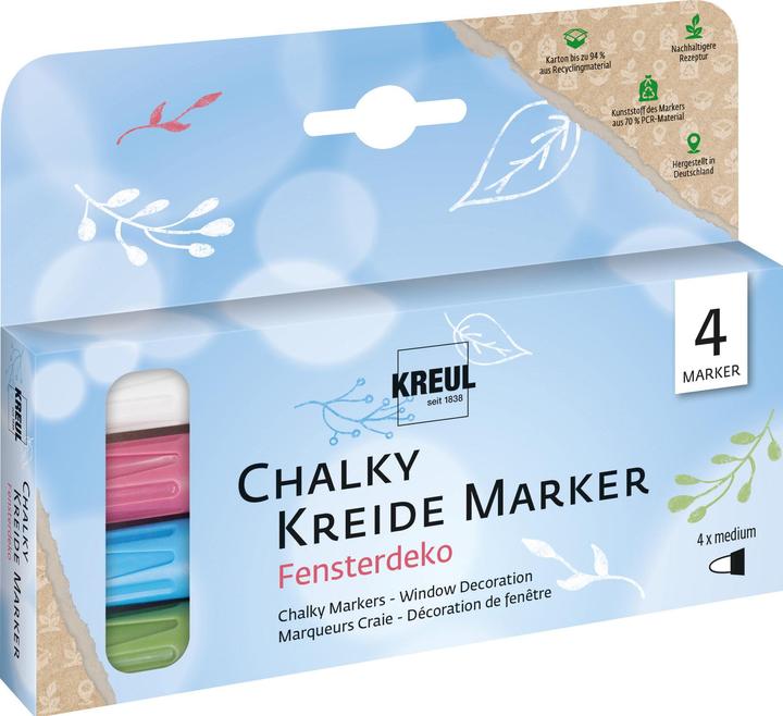 Produktbild Kreul Kreidemarker Chalky, Medium, 4er-Set Fensterdeko (Cozy Red, Rosemary Green, Snow White, nordic blue, 4 mm, 4 x)