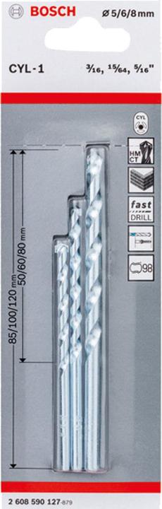 Produktbild Bosch Professional Zubehör 3-tlg. CYL-1 Steinbohrer-Set, 5/6/8 mm. Für Bohrmaschinen/Schrauber (5, 6, 8 mm)