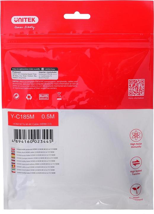 Produktbild Unitek KABEL HDMI 2.0 M/M 4K 60HZ 0 5M Y-C185M (0.50 m, HDMI)