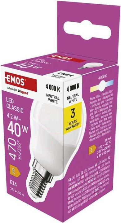 Actual product image Emos LED lamp Classic Mini Globe / E14 / 4.2 W (40 W) / 470 lm / Neutral white (E14, 4.20 W, 470 lm, 1 x, E)