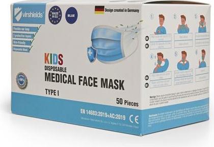 Immagine prodotto Virshields Maschera igienica medica per bambini a 3 strati di tipo I in blu (Tipo I, 50 x)