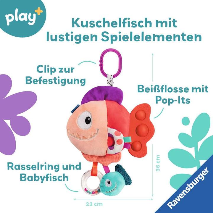 Actual product image Ravensburger 4871 play+ Pop-it Piranha (red), cuddly toy with lots of play effects, baby toy