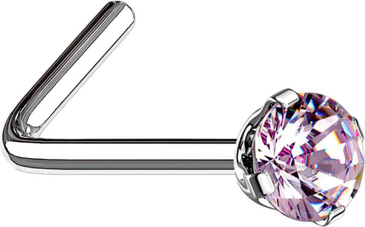 Star Piercing Nasenstecker gewinkelt silber runder Kristall pink gefasst (ohne Messing, Chirurgenstahl 316L)
