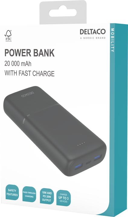 Actual product image Deltaco Powerbank with fast charging, 3 ports, 2x USB-A 18W, 1x USB-C PD 20W, 20,000 mAh black (20000 mAh, 20 W)