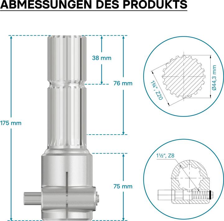 Produktbild Wiltec Zapfwelle 175mm Buchse Keilwellenaufnahme 8-32x38x6 f. Ausgangswelle 1 3/4" Z20 (Traktorzubehör)
