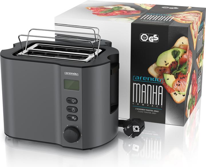 Produktbild Arendo Toaster Edelstahl 2 Scheiben Kurzschlitz, Brötchenaufsatz, Doppelwand, Display mit Restzeitanzeige