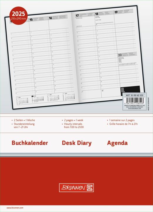 Actual product image Book calendar 781 21x29,7cm 1 week/2 pages blue 2025 (A4, English, German, Italian, French)