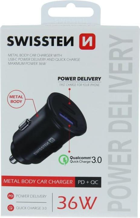 Produktbild Swissten USB Autoladegerät Power Delivery USB-C + Quick Charge 3.0 36W METAL
