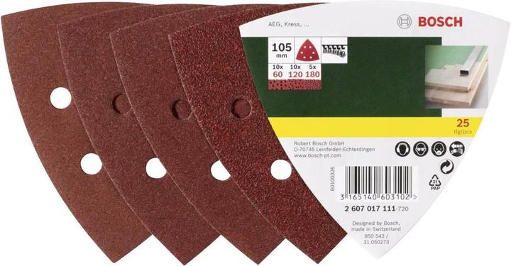 Actual product image Bosch Zubehör Sanding sheet set for delta sander, 105 mm, 60, 120, 180, 6 holes, 25-pack (60, 80, 180)