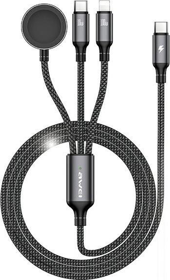 Image du produit Awei câble W23 3w1 usb-c/lightning/watch 100W/10W/2.5W czarny/black (1.20 m, USB 3.0, 100 W)