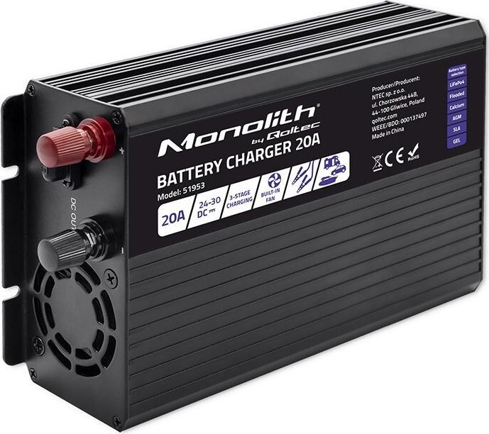 Actual product image Qoltec Smart Monolith battery charger for LiFePO4 AGM GEL SLA batteries | 20A | 24V (24V, 20 A)