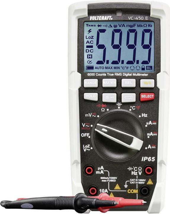 Digitalmultimeter, 9V-Blockbatterie, Draht-Thermofühler (Typ K) mit Adapter, 2x CAT IV-Sicherheitsmessleitungen, Sicherheitshinweise., Bedienungsanleitung (auf CD)