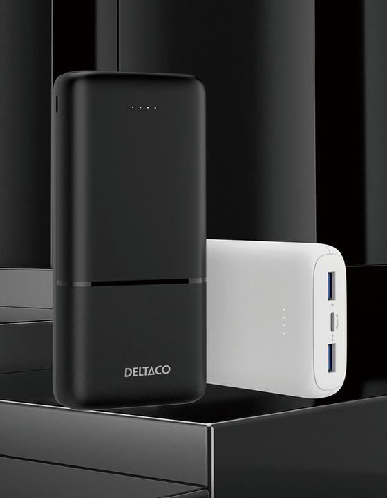 Actual product image Deltaco Powerbank with fast charging, 3 ports, 2x USB-A 18W, 1x USB-C PD 20W, 20,000 mAh black (20000 mAh, 20 W)