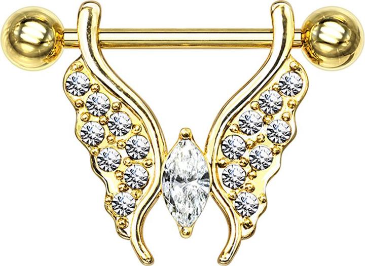 Star Piercing Barbell vergoldet Schmetterling mit Kristallen silber (Chirurgenstahl 316L, Messing)