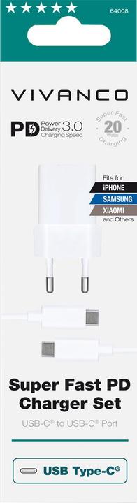 Produktbild Vivanco PD3.0 USB-C Ladeset, 20W, inkl. 1.2m USB-C Kabel, weiss (20 W)