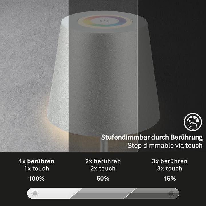Actual product image Briloner RGB/W rechargeable table lamp, IP44, 2.5W, matt chrome (200 lm)